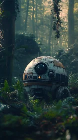 Weathered spherical droid exploring dense misty forest.