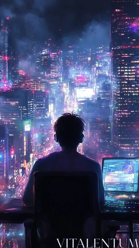 Solitary coder overlooks neon cyberpunk skyline at night