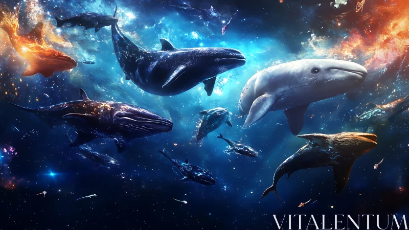 Stellar whales drift gently through glowing cosmic oceans