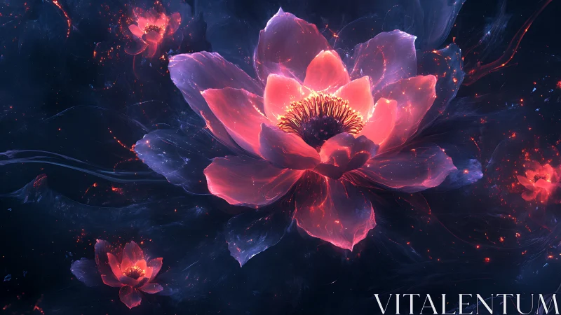 Glowing cosmic lotus blossoms on deep blue abstract field.