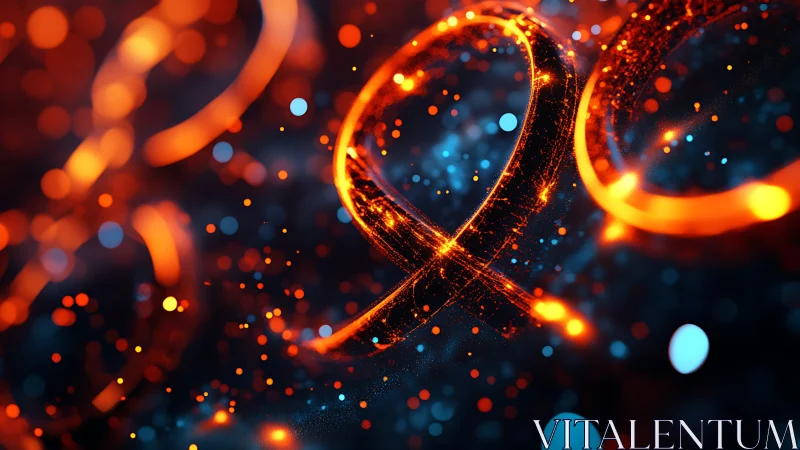 Glowing orange loops with particle field on dark background.