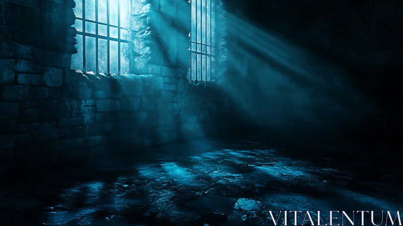 Cold stone prison cell with volumetric blue light beams.