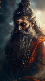 Mystic ascetic in ember-lit smoke with sacred markings.