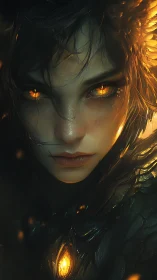 Fire-eyed guardian emerges from the shadowed ember glow.