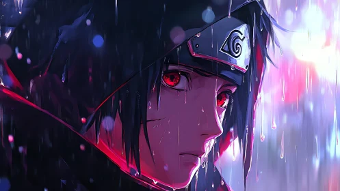 Moody ninja portrait under neon rain with crimson gaze.