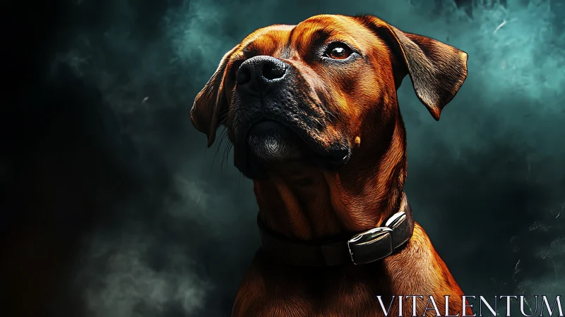 Cinematic low‑key portrait of brown short‑haired guard dog