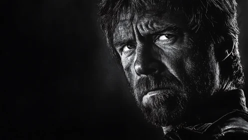 Intense bearded man glares from stark black background.