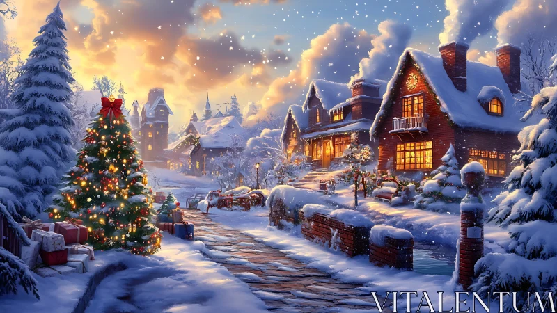 Snowy Christmas village street glows under golden sunset.