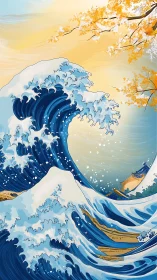 Majestic stylized wave rises under golden autumn sky.