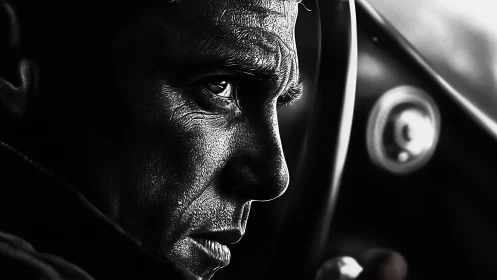 High-contrast monochrome portrait isolates tense driver’s profile