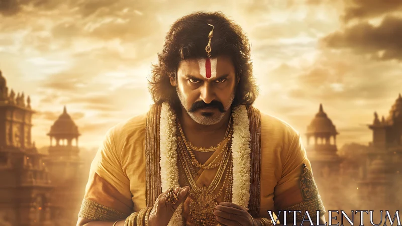 Warrior-priest portrait before golden ancient temple city.