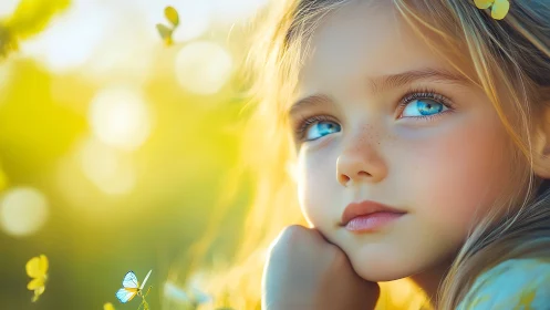 Young girl with blue eyes gazes amid golden sunlight and butterfly