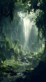 Sunlit Forest Canyon with Cascading Water and Vertical Vegetation