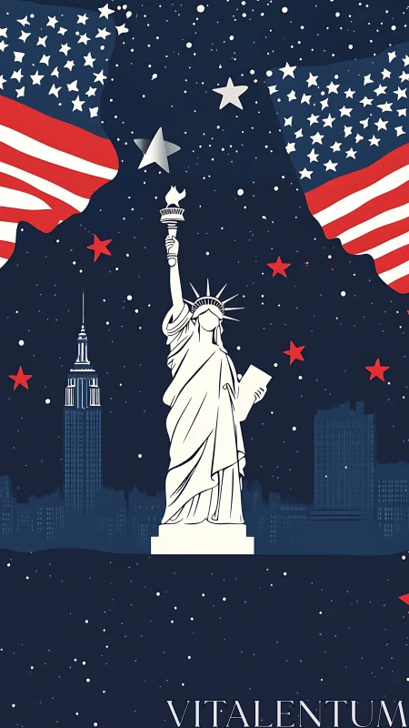 Statue of Liberty rises amid patriotic stars and flags