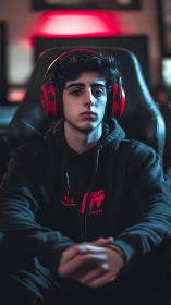 Crimson gamer focus under neon glow in a moody battlestation.