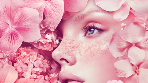 Close-up freckled face framed by dense pink blossoms.