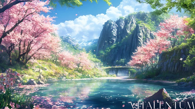 Spring river drifts gently beneath cherry blossoms and cliffs