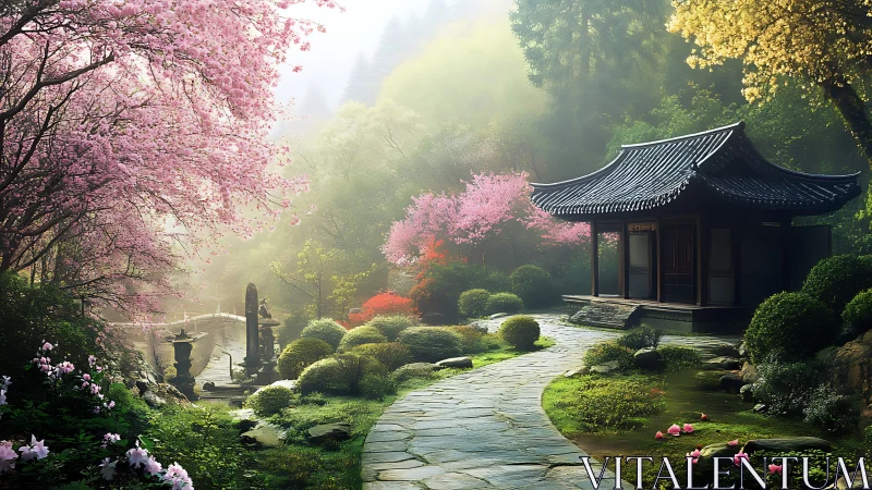 Serene Japanese garden pavilion under soft spring blossoms.