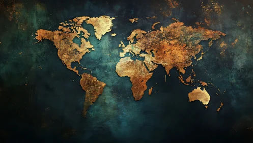 Golden world map shimmers over deep teal textured backdrop