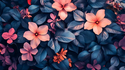 Floral composition with pink and coral blooms on blue foliage