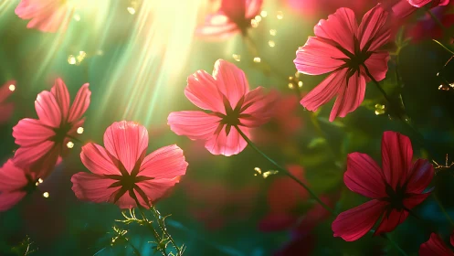 Radiant Pink Cosmos Flowers Glowing in Golden Light.
