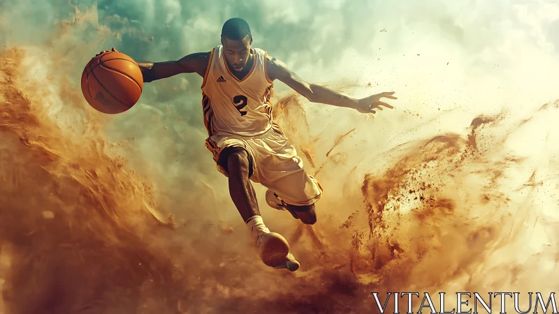 Basketball player executes midair drive through dust cloud