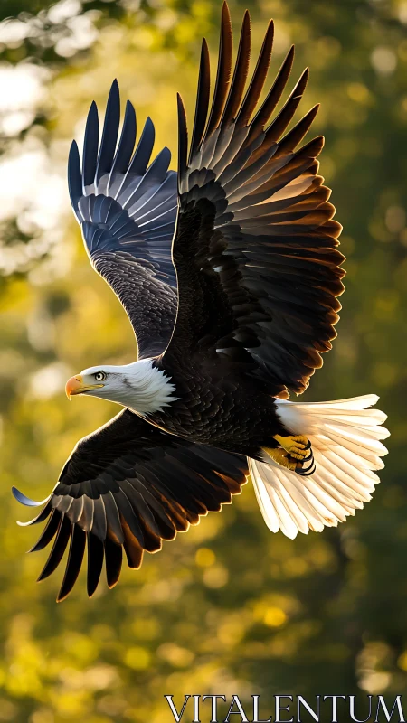 Sunlit bald eagle glides gracefully through golden forest air