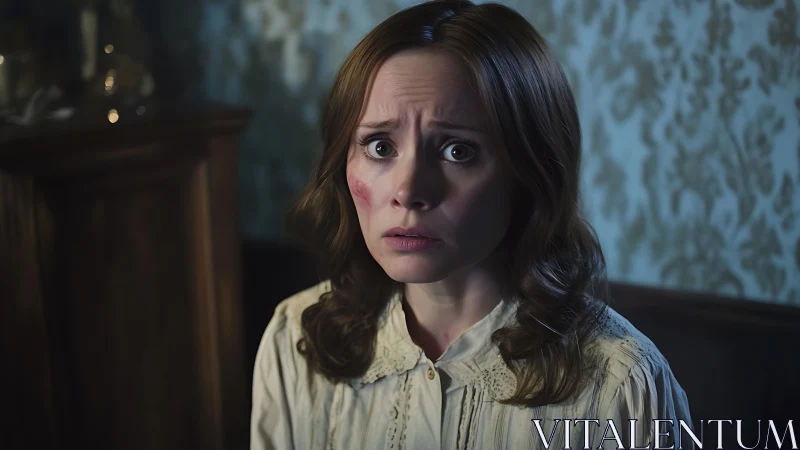 Worried young woman sits in lamplit room, shadows listening