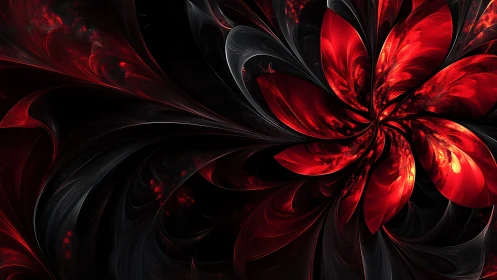 Red fractal flower form dominates dark swirling backdrop