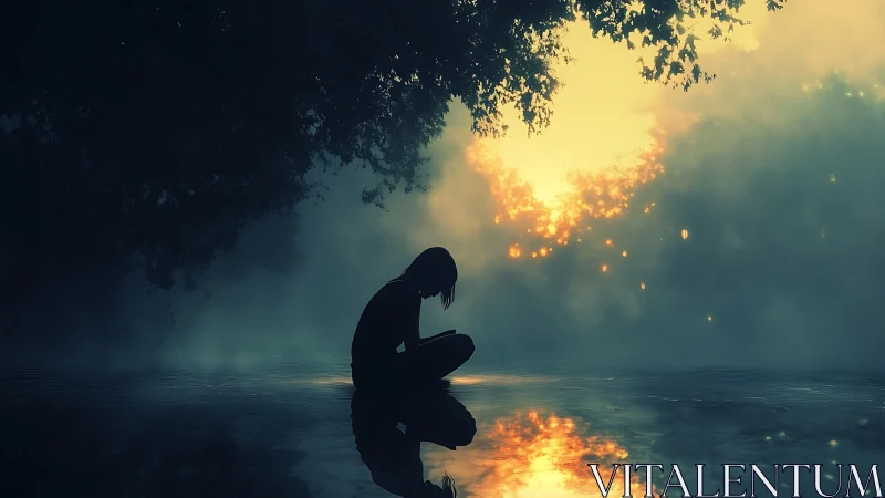 Solitary figure rests by misty lake at glowing twilight