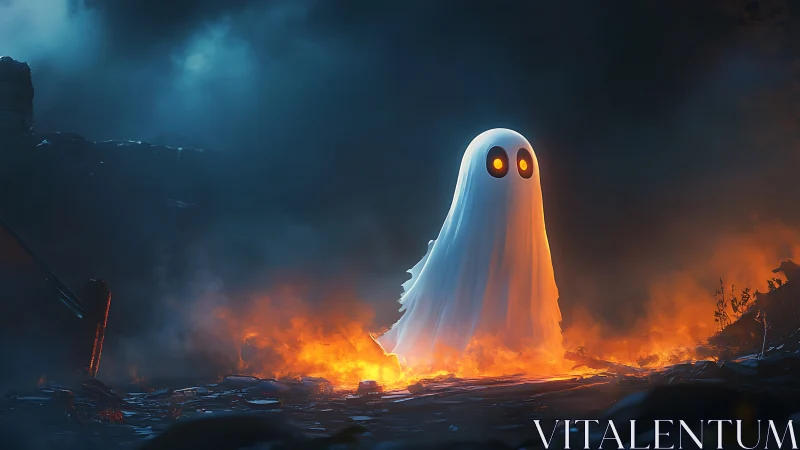Cartoon ghost rises over burning ruins under storm clouds.