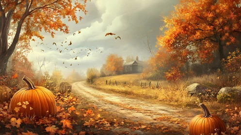 Rural dirt road with pumpkins and autumn foliage scene.