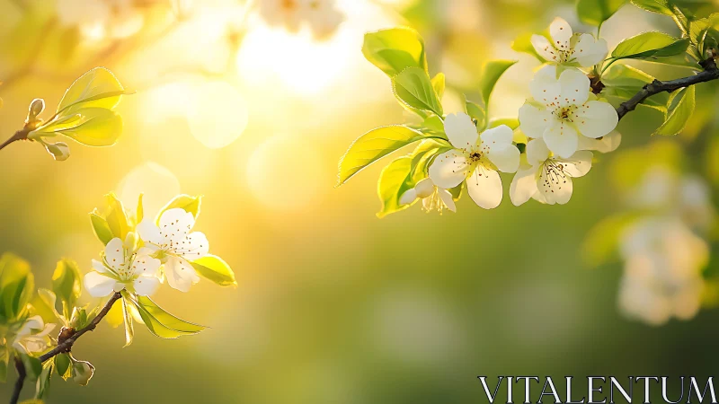 Spring Blossom Branches Backlit by Golden Sunlight
