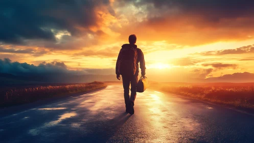 Sunlit road invites a hopeful traveler toward a glowing horizon