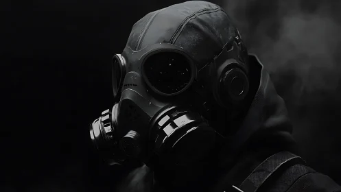 Gas mask clad figure in dark atmospheric portrait.