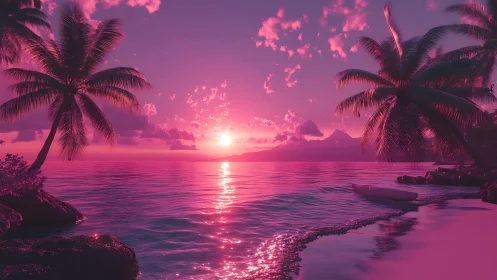 Soft pink sunset glows over a tranquil tropical shoreline