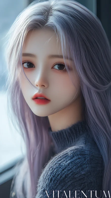 Young woman with lilac hair rendered in soft photoreal detail