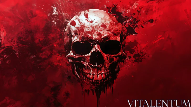 Blood-drenched skull emerges from abstract crimson chaos.