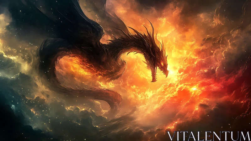 Fiery sky dragon curls through glowing stormlit clouds