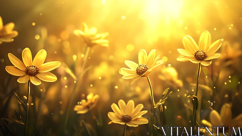 Golden meadow daisies under glowing sunset light.