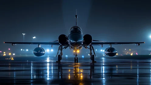 Runway sentinel waits under midnight neon and polished rain