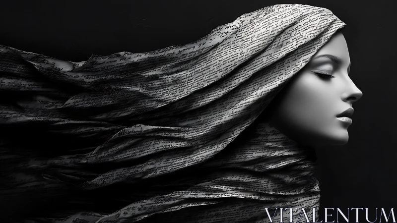 Woman wrapped in flowing script that whispers silent stories.