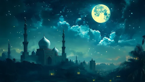 Moonlit palace skyline glows beneath luminous turquoise clouds.