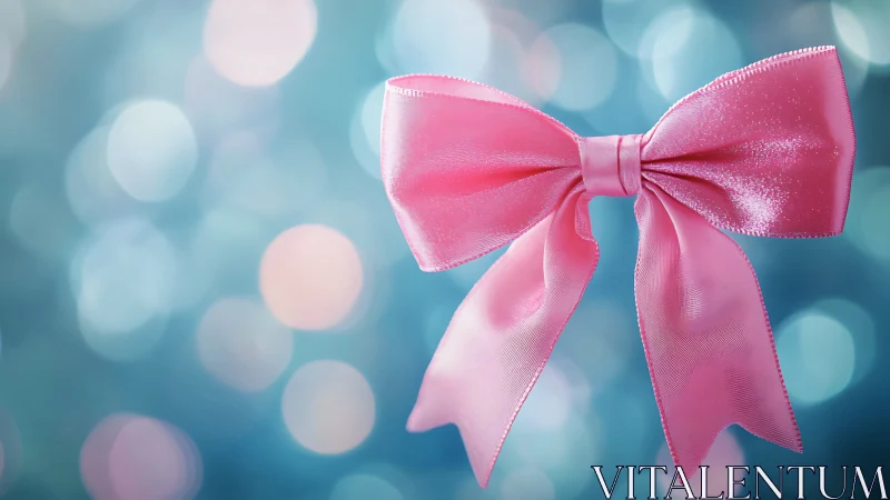 Pink satin bow against soft blue bokeh background.