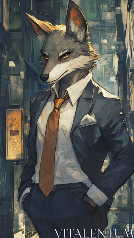 Anthropomorphic wolf executive rendered in angular urban noir