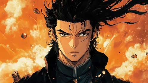 Intense anime swordsman stands against explosive orange sky