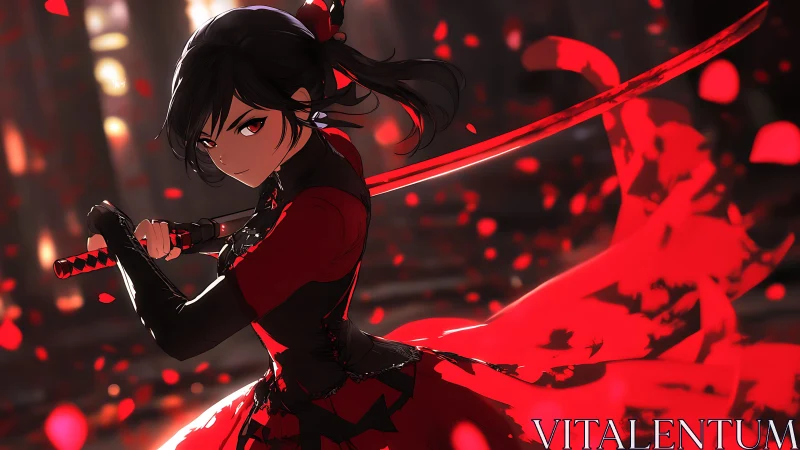 Dynamic anime swordswoman framed by red motion trails