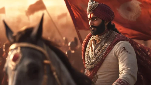 Regal cavalry commander in ornate turban amid sunset battlefield