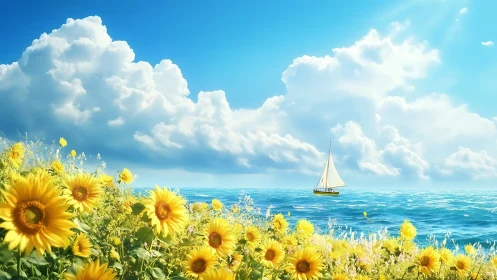Sunlit sunflower coast with sailboat on luminous sea.