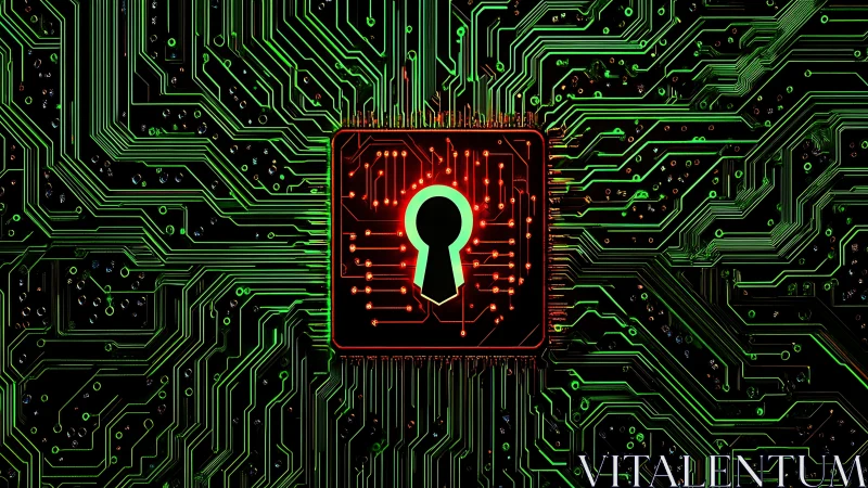 Cyberpunk lock interface on luminous circuit matrix board.